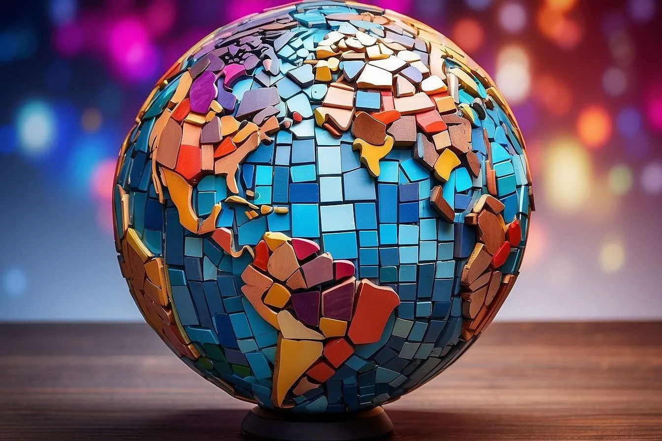 A futuristic digital globe with a mosaic