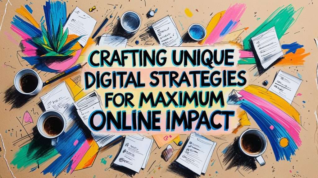 A vibrant, artistic workspace with scattered papers, espresso cups, and bold strokes of color surrounds the central message: "Crafting Unique Digital Strategies for Maximum Online Impact."
