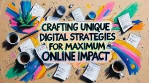 A vibrant, artistic workspace with scattered papers, espresso cups, and bold strokes of color surrounds the central message: "Crafting Unique Digital Strategies for Maximum Online Impact."