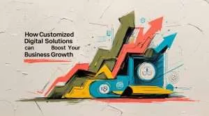 a vibrant, high-contrast, rough color pencil sketch on textured, off-white paper, showcasing a dynamic composition that creatively visualizes the concept of "How Customized Digital Solutions Can Boost Your Business Growth"