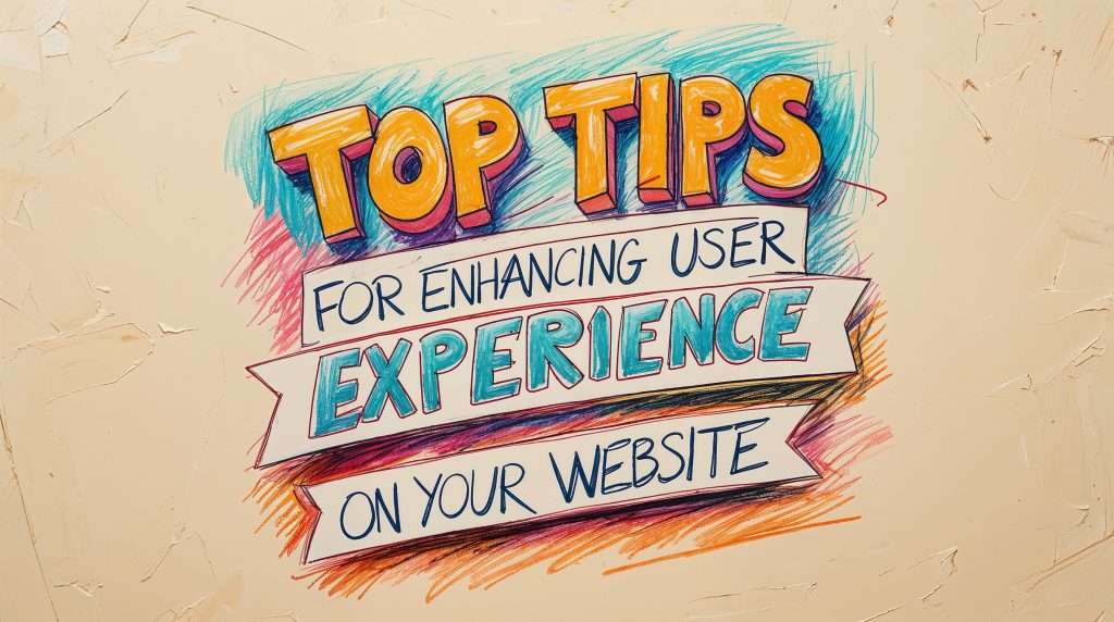 Hand-drawn style graphic featuring the bold, colorful phrase "Top Tips for Enhancing User Experience on Your Website" against a textured beige background.