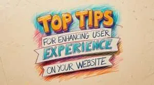 Hand-drawn style graphic featuring the bold, colorful phrase "Top Tips for Enhancing User Experience on Your Website" against a textured beige background.